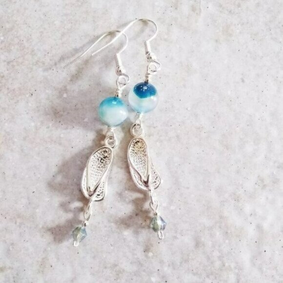 Ombre Sea Blue! Matched Bracelet + Earring Set! Silver Flip Flops & Blue Agates! - Picture 10 of 10